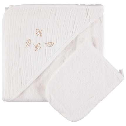 Set de bain en éponge et tétra à feuilles brodées ecru