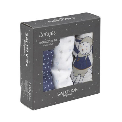 Lot de 3 langes en coton bio 70x70 cm - Merlin bleu/blanc