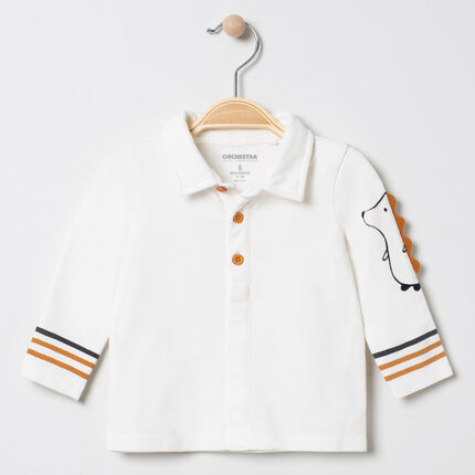 Polo manches longues à bandes et hérisson printé 1 mois ecru