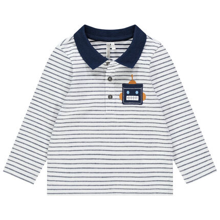 Polo manches longues à motif robot et rayures fantaisie 3 mois ecru