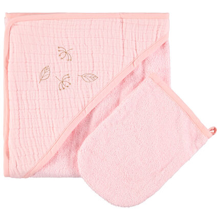 Set de bain en éponge et tétra à feuilles brodées rose clair