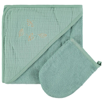 Set de bain en éponge et tétra à feuilles brodées vert foncé