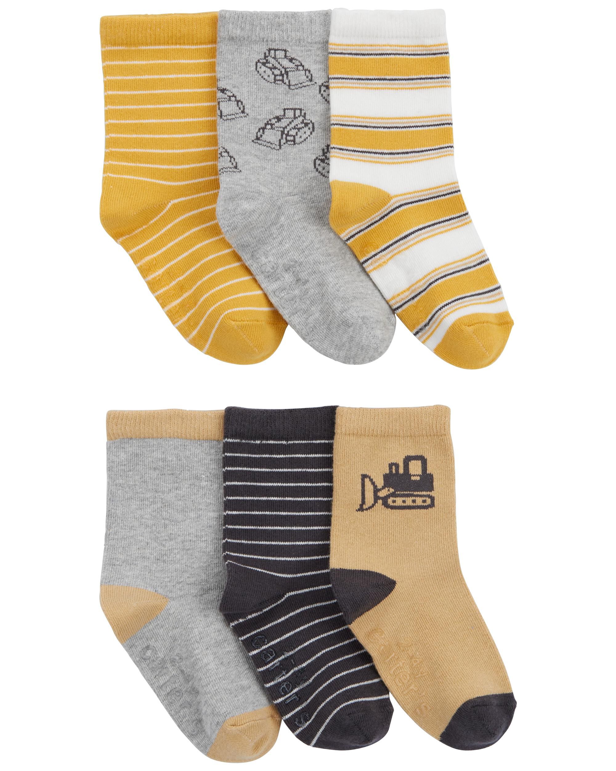 Grey Yellow Toddler 6 Pack Construction Socks carters