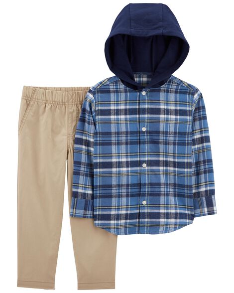 

Toddler 2-Piece Plaid Hooded Button-Front & Pant Set
