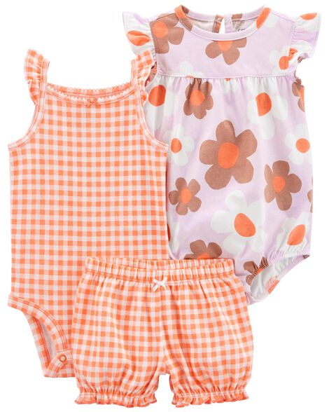 

Baby 3-Piece Orange Floral Shorts & Romper Outfit Set