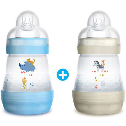 Lot de 2 biberons anti-coliques 0/6 mois 160ml - Tétine débit 1 bleu/ecru