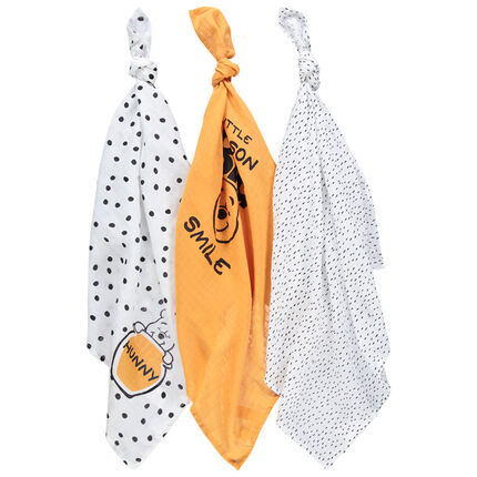 Lot de 3 langes en gaze de coton bio motif Winnie Disney ecru