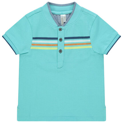 Polo manches courtes en coton bio à bandes contrastées 23 mois bleu clair