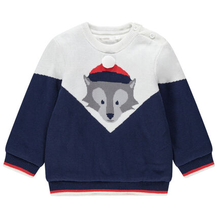Pull en tricot doublé velours fin avec loup en jacquard 23 mois bleu foncé