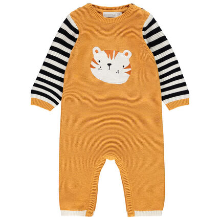 Combinaison longue en maille motif tigre pour bébé garçon 1 mois beige moyen