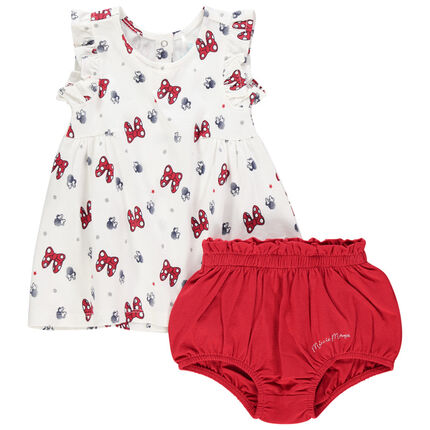 Ensemble robe imprimée Minnie Disney et bloomer 1 mois ecru