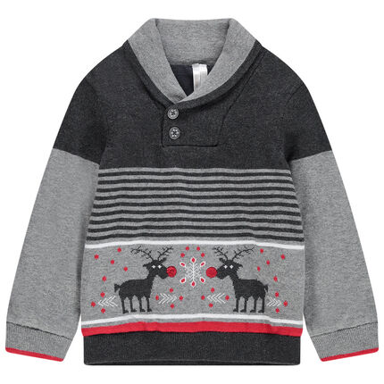 Pull en tricot doublé velours avec cerfs en jacquard et rayures 23 mois gris foncé