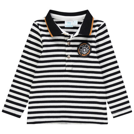 Polo manches longues côtelé rayé à badge Mickey 23 mois ecru
