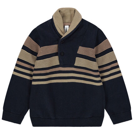 Pull en tricot à rayures et col châle boutonné 23 mois bleu foncé