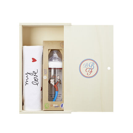Coffret en bois Bavoir My Love + Biberon 360 ml Papa et Bébé