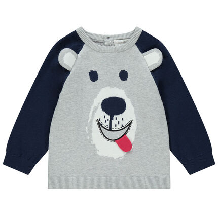 Pull en tricot bicolore motif ourson à détails en relief 23 mois gris moyen
