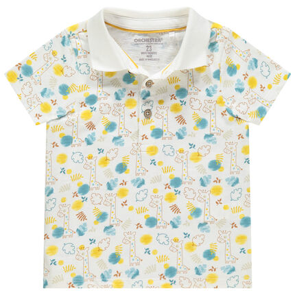 Polo manches courtes en coton bio imprimé girafes all-over 23 mois ecru