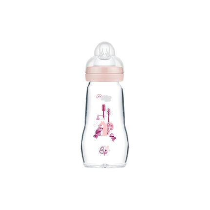 Biberon en verre tétine débit 2 0-6 mois 260 ml – Rose