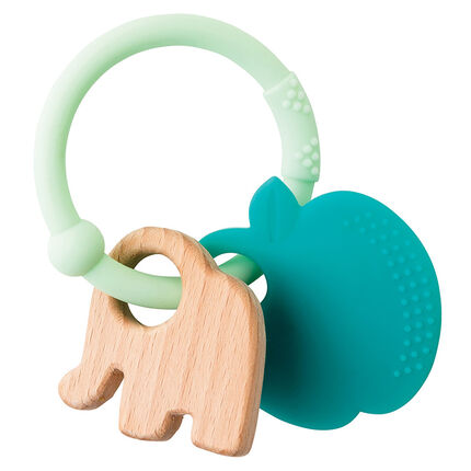 Anneau de dentition en silicone/bois - Eléphant/Pomme vert