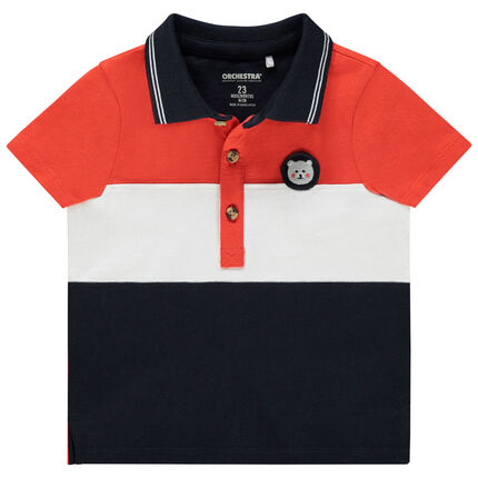 Polo manches courtes tricolore en coton bio badge ourson 23 mois orange moyen
