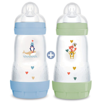 Lot de 2 biberons anti-coliques 0/6 mois 260 ml tétine débit 2 - Garçon bleu/vert