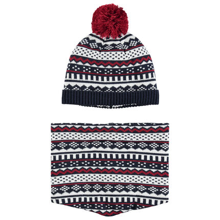 Ensemble imprimé doublé bonnet snood 53 bleu foncé