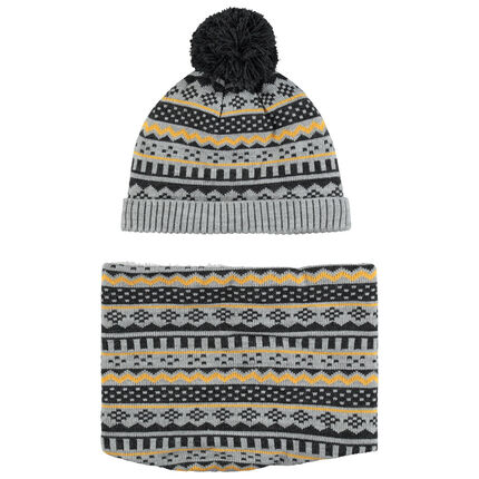 Ensemble imprimé doublé bonnet snood 56 gris moyen
