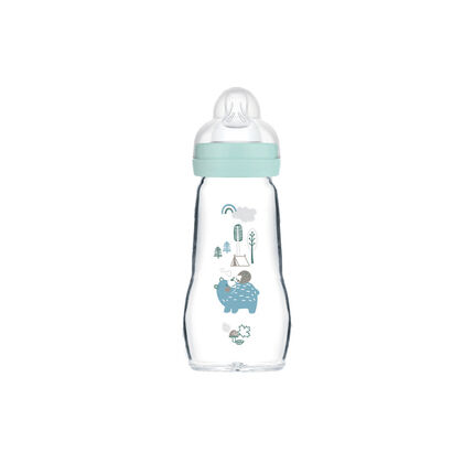 Biberon en verre 0/6 mois 260ml – tétine débit 2 bleu