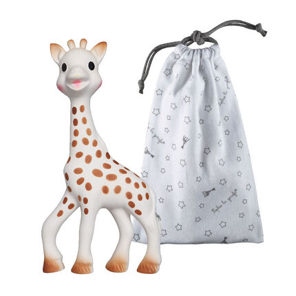 Hochet Sophie la Girafe avec son sac de rangement blanc