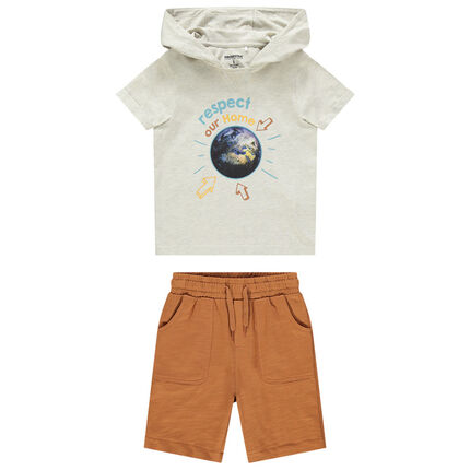 Ensemble t-shirt print planète et bermuda 3 ans beige moyen