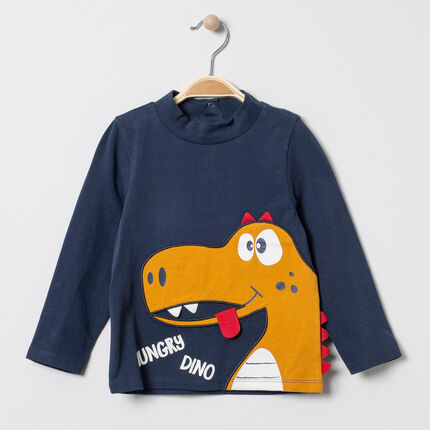 Sous-pull en coton bio col cheminée motif dinosaure 23 mois bleu foncé