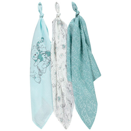Lot de 3 langes en coton bio motif Winnie l'Ourson Disney bleu clair