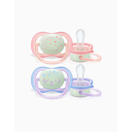 Set de 2 sucettes en silicone Nuit 0/6 mois - Bleu / Rose