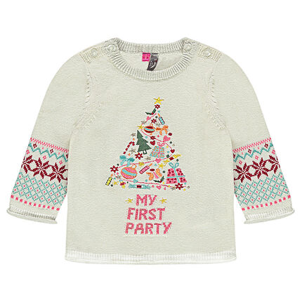 Pull en tricot avec motif jacquard et broderies 23 mois ecru