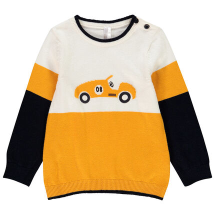 Pull en tricot avec voiture en jacquard pour bébé garçon 23 mois jaune moyen