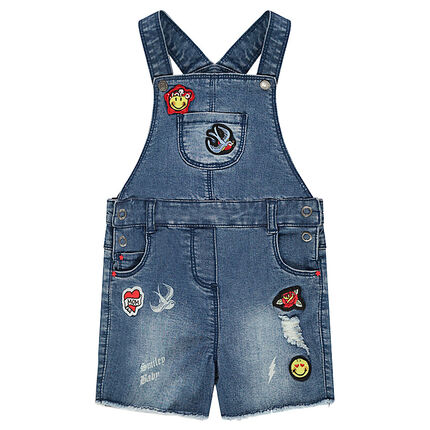 Salopette short en jeans used avec badges patchés Smiley Baby 6 mois bleu moyen