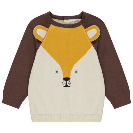 Pull en tricot motif renard en jacquard 23 mois ecru