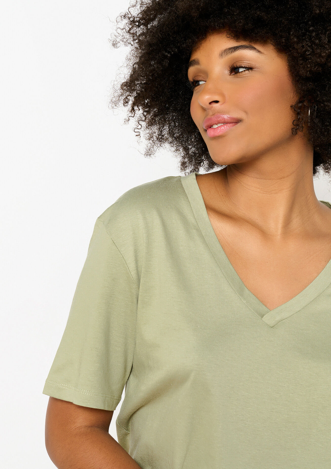 Basic T-shirt with V-neck, undefined - KHAKI MINT - undefined