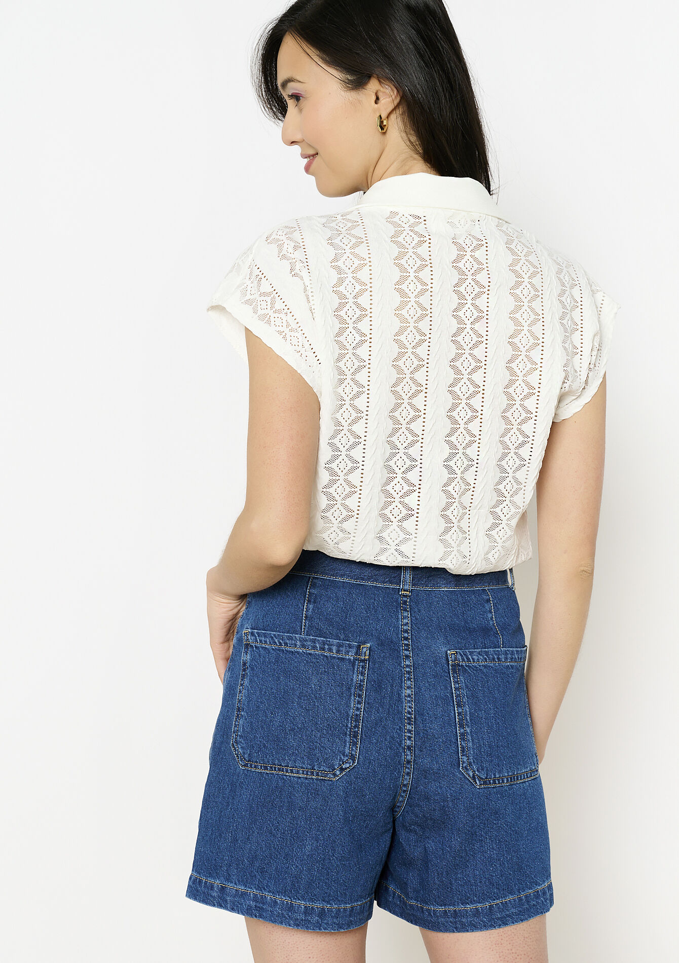 Openwork polo collar t-shirt, Openwork polo collar t-shirt - OPTICAL WHITE - 02301787_1019