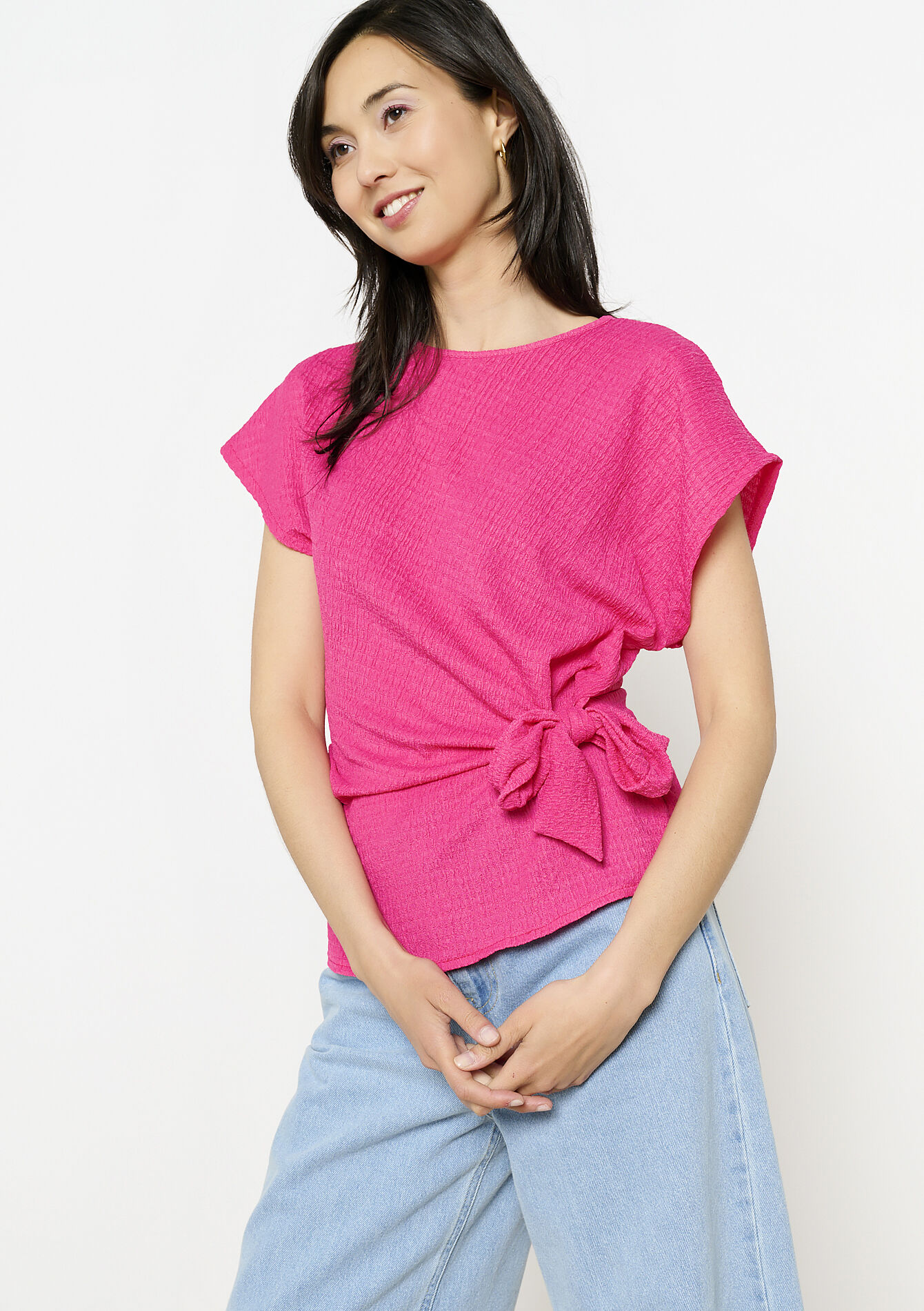 T-shirt noué texturé, undefined - FUCHSIA - undefined