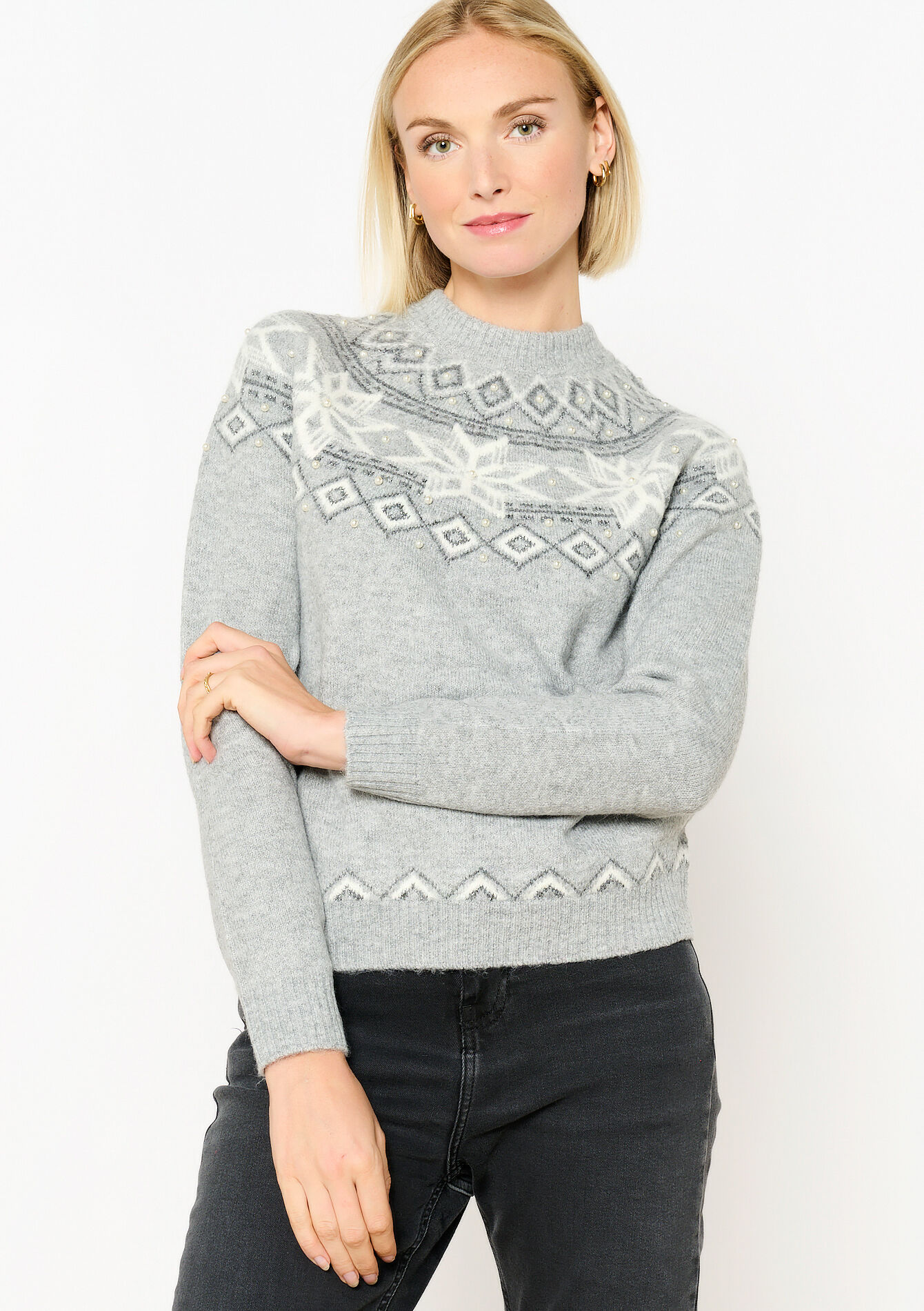 Jacquard sweater with pearls, undefined - MED GREY - undefined