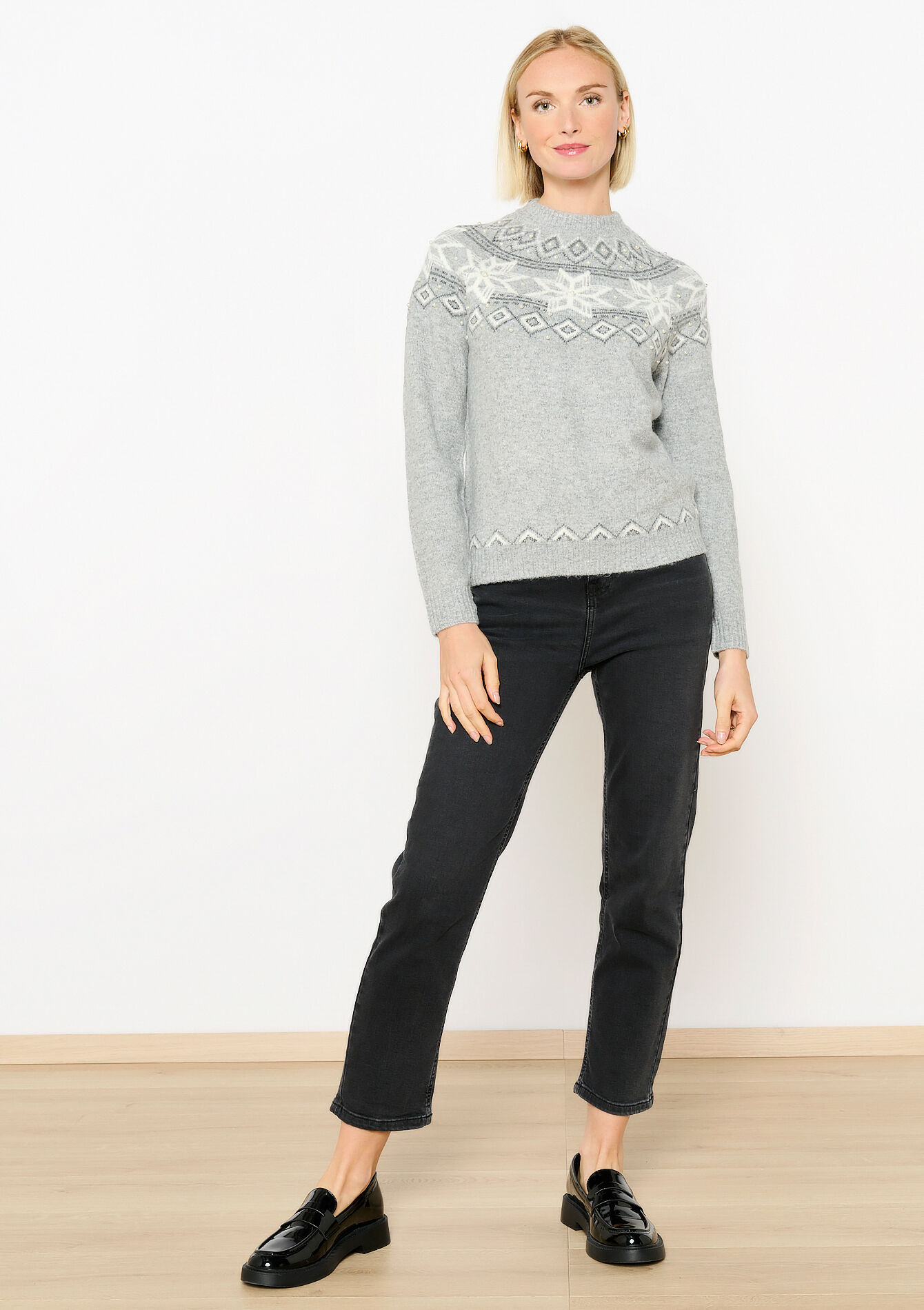 Jacquard sweater with pearls, Jacquard sweater with pearls - MED GREY - 04006585_2573