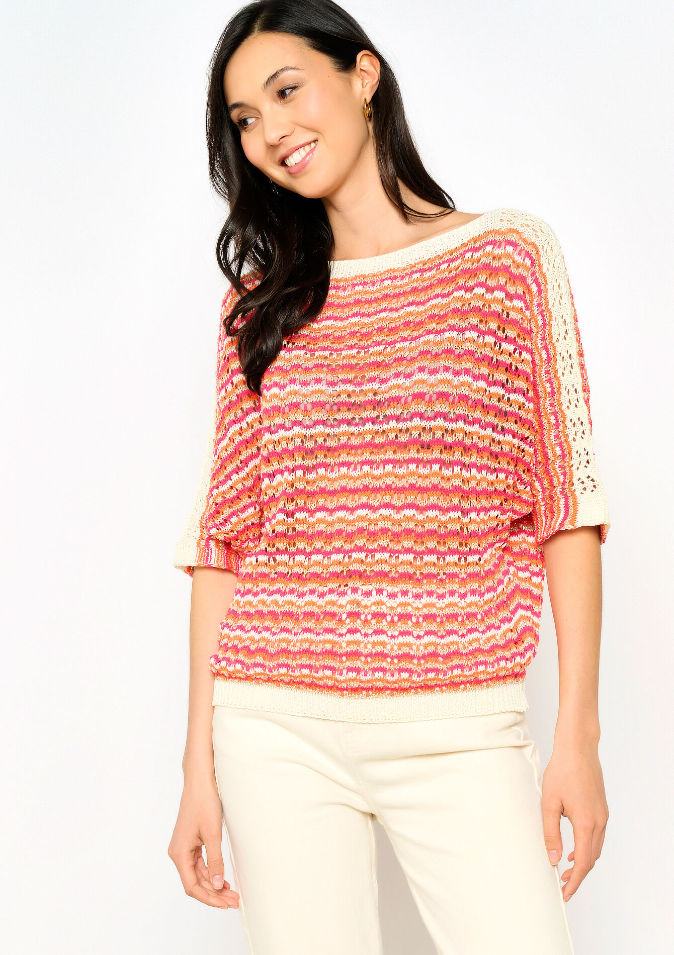 Crochet pullover with lurex, Crochet pullover with lurex - ORANGE BRIGHT - 04006599_1255