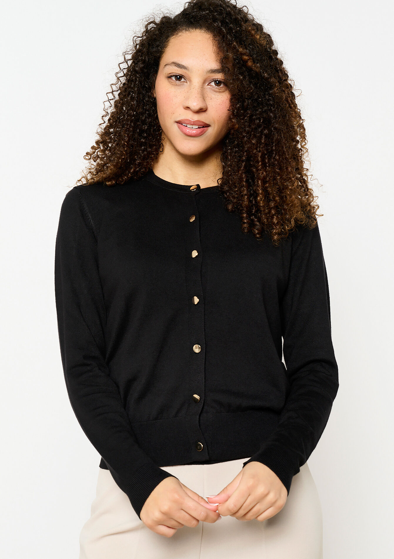 Cardigan with round neck, undefined - BLACK - undefined