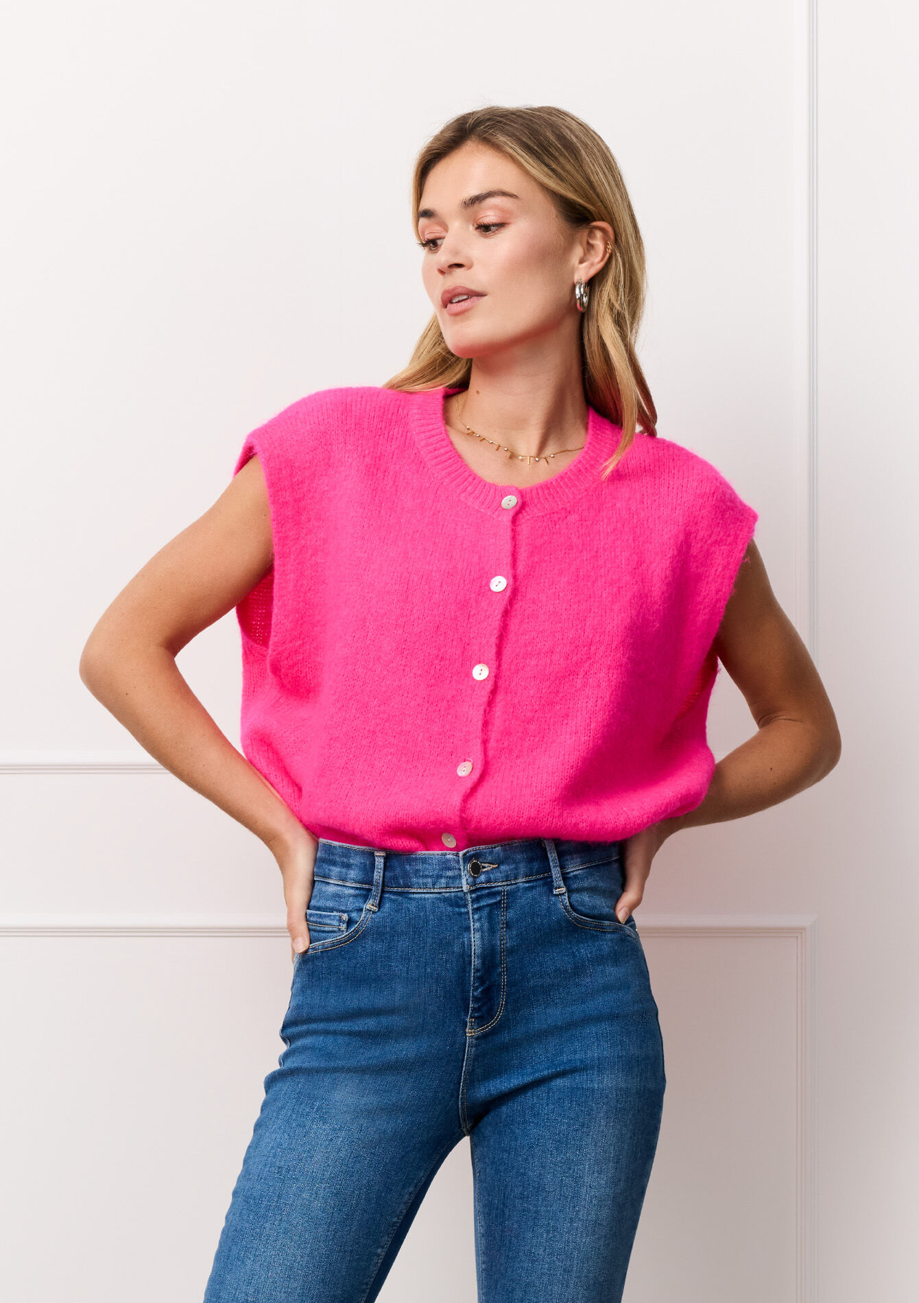 Cardigan sans manches en laine d'alpaga, Cardigan sans manches en laine d'alpaga - FLUO PINK - 04101283_5727