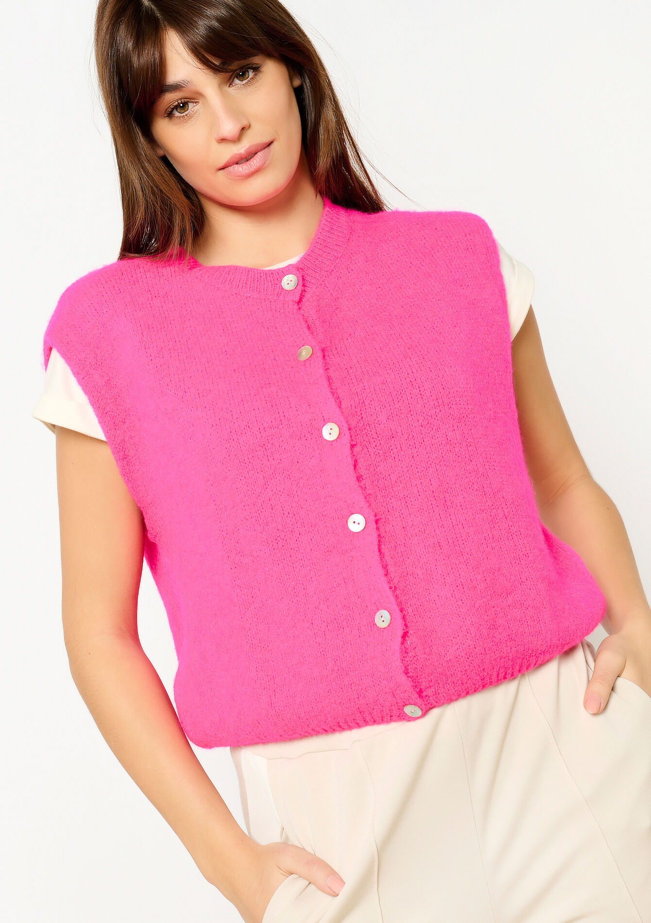 Cardigan sans manches en laine d'alpaga, Cardigan sans manches en laine d'alpaga - FLUO PINK - 04101283_5727