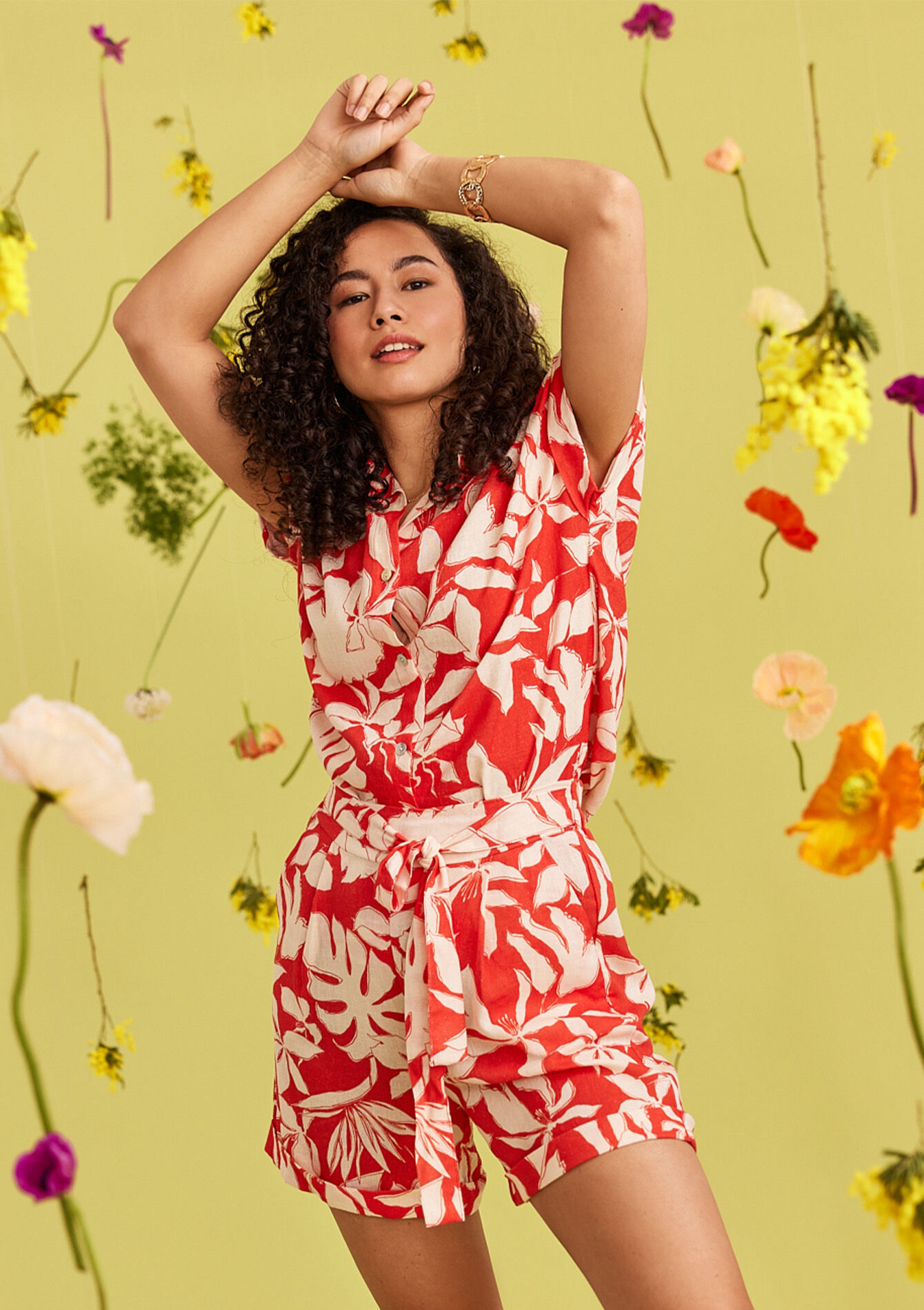 Linen shirt with tropical print, undefined - CORAL BRIGHT - undefined