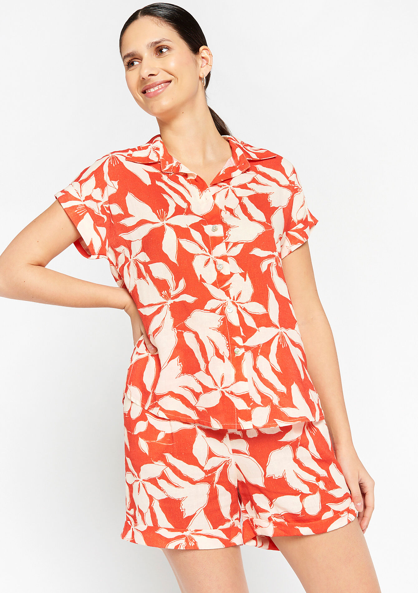 Linen shirt with tropical print, undefined - CORAL BRIGHT - undefined