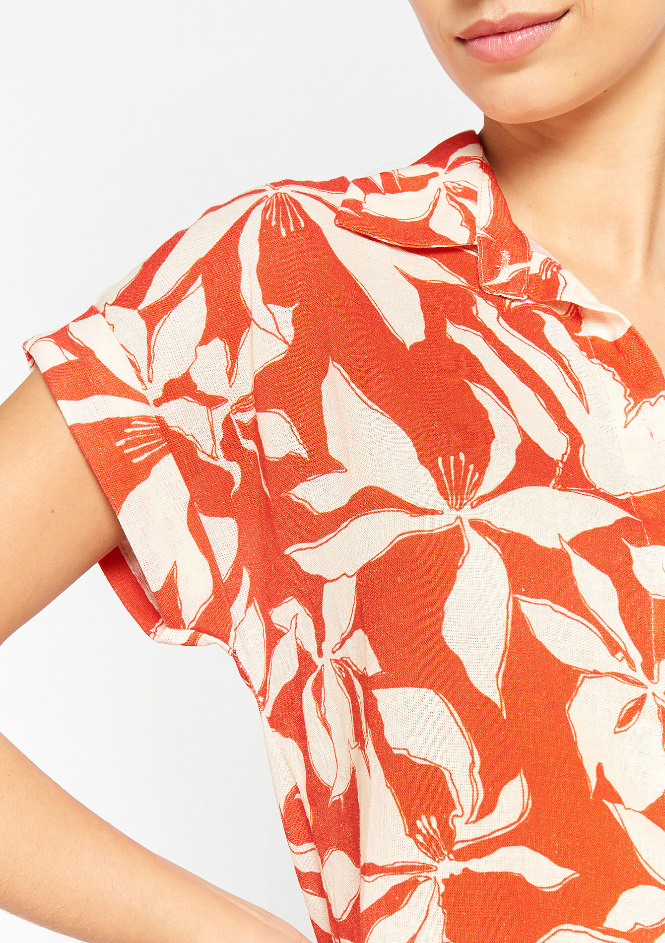 Linen shirt with tropical print, undefined - CORAL BRIGHT - undefined