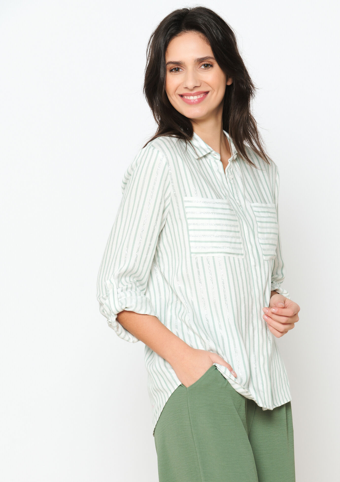 Striped shirt with lurex, undefined - KHAKI FADED - undefined